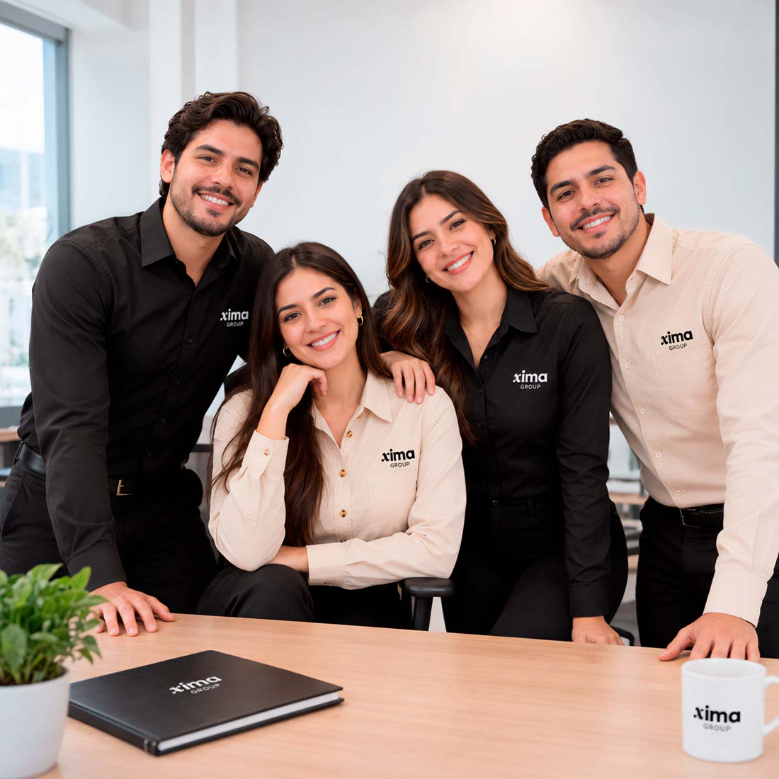 Equipo del área administrativa de la empresa Xima Group situada en Toluca, Estado de México, portan el uniforme institucional de la empresa, se muestran con una actitud positiva.