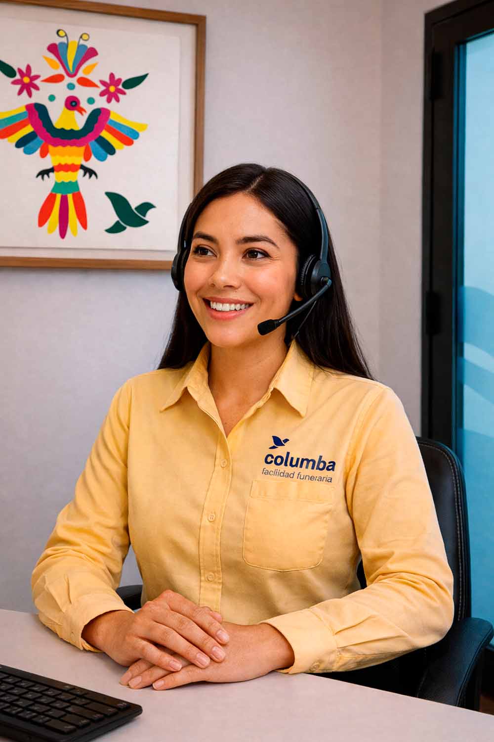 Colaboradora brindando atención profesional en Columba.