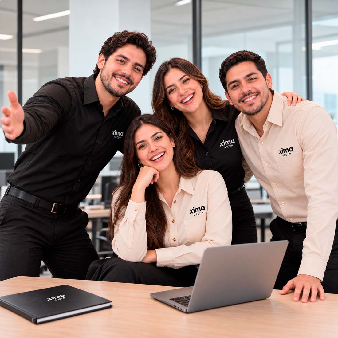 Equipo del área administrativa de la empresa Xima Group, portan el uniforme institucional de la empresa, se muestran con una actitud positiva.